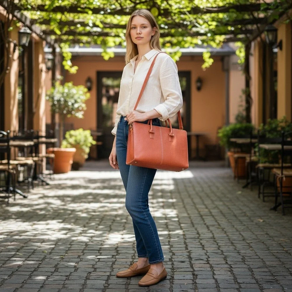 Franklin Covey Briefcase Crossbody Bag Lizard Embossed Pink Coral Leather Laptop